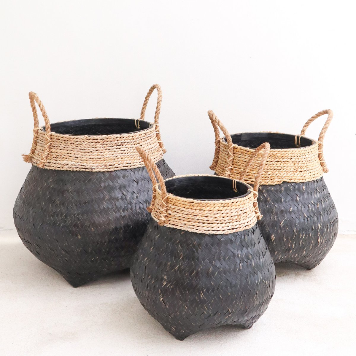 Hand-woven bamboo & jute basket 38 cm - black, S