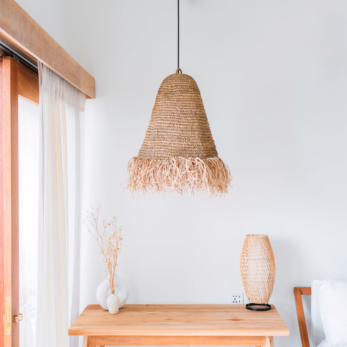 Raffia- og jutependellampeskærm Ø 40 cm – KALIMA med frynser