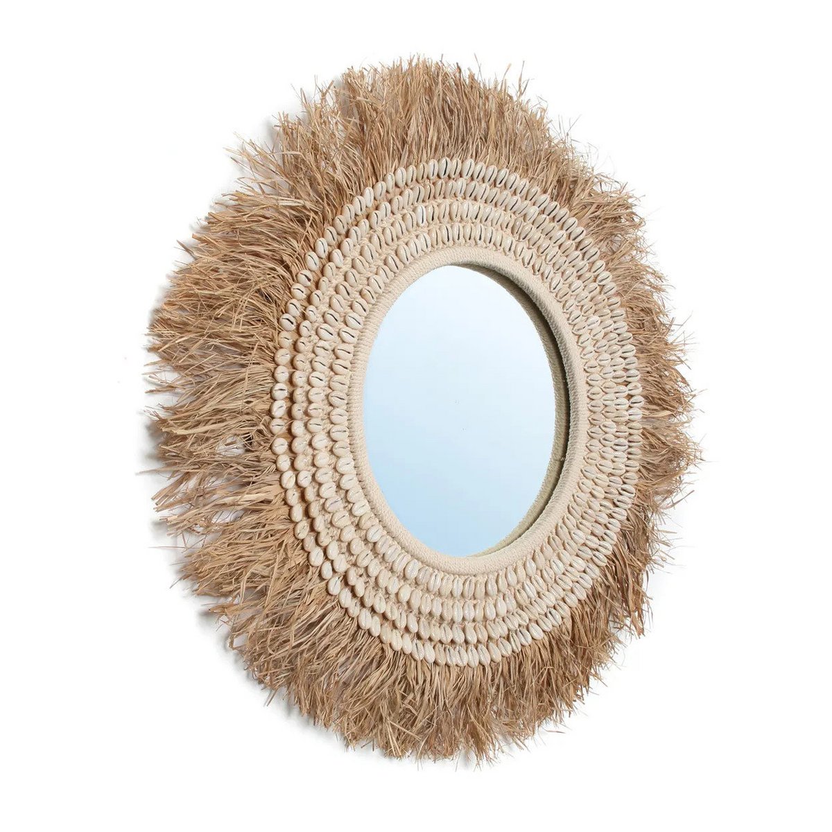 Raffia cowrie wall mirror, 75 cm – beige and brown