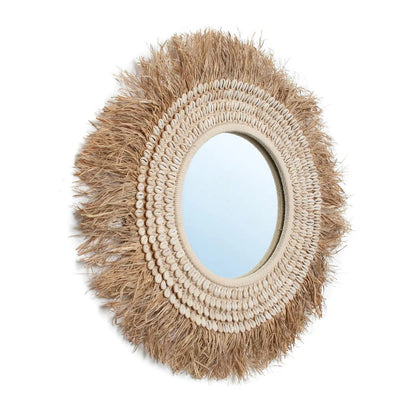 Raffia cowrie wall mirror, 75 cm – beige and brown