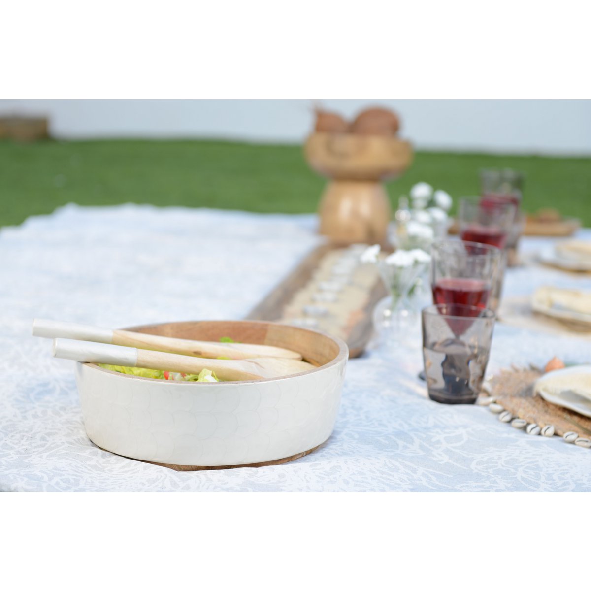 Mango wood salad bowl with servers - handmade