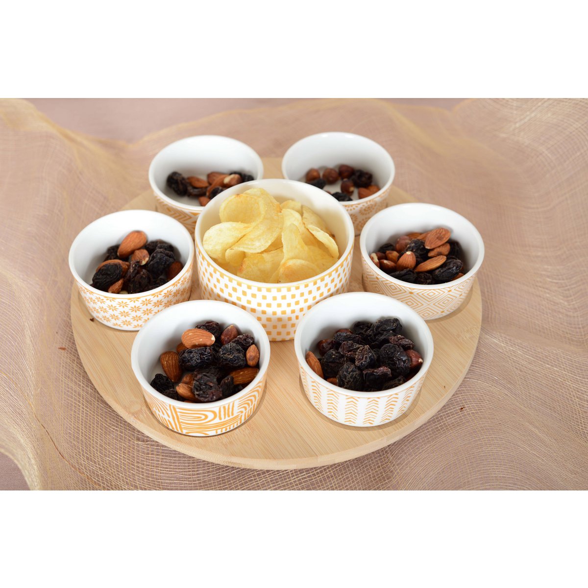 Aperitif-Set, 7 Gläser auf rundem Holztablett – 30 cm