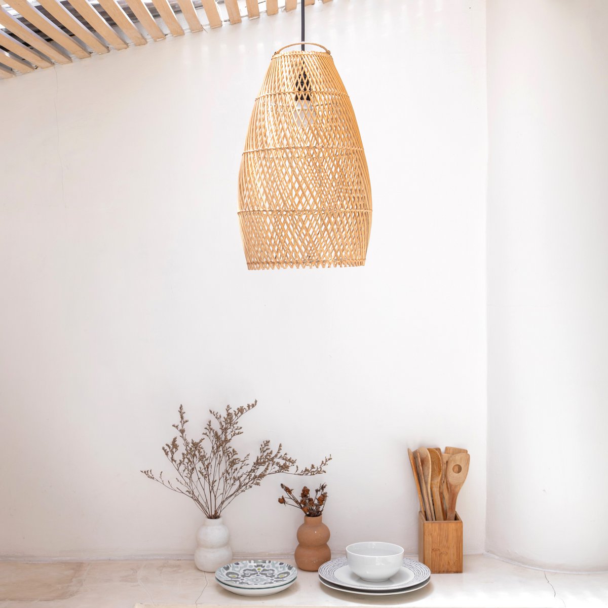 Woven rattan ceiling lampshade - beige, Tabung