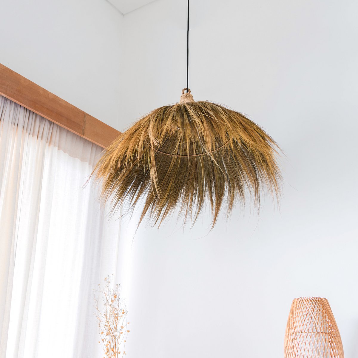 Raffia pendant light Ø 53 cm – fringed shade, beige, green and brown