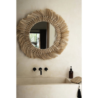 Rundt vægspejl i rattan, 90 cm - Naturlys