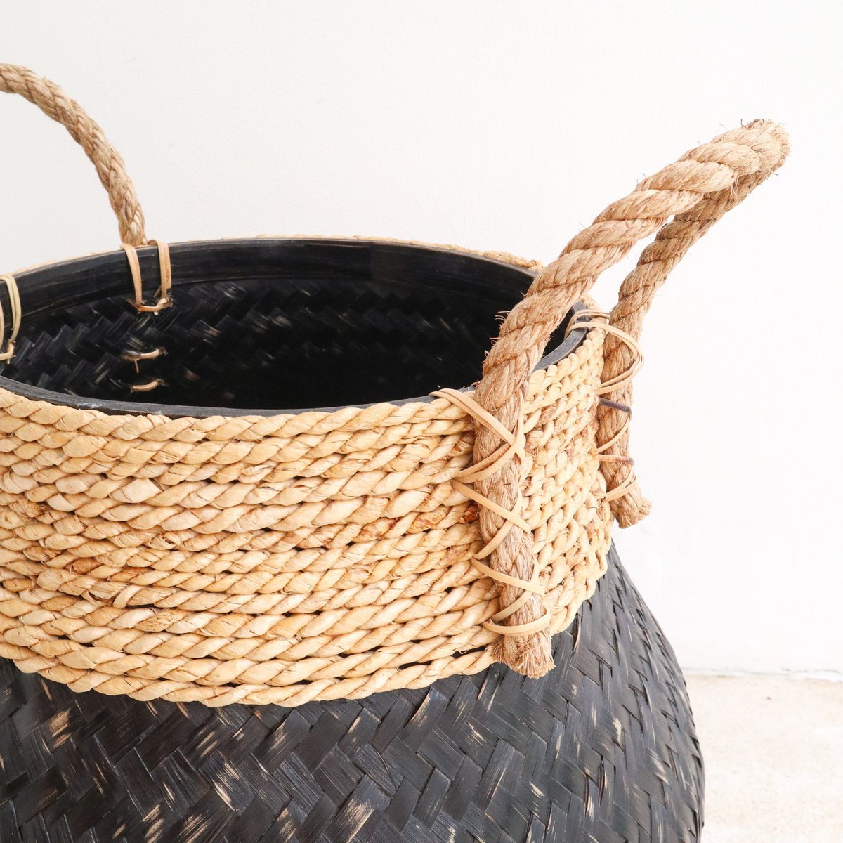 Hand-woven bamboo & jute basket 38 cm - black, S
