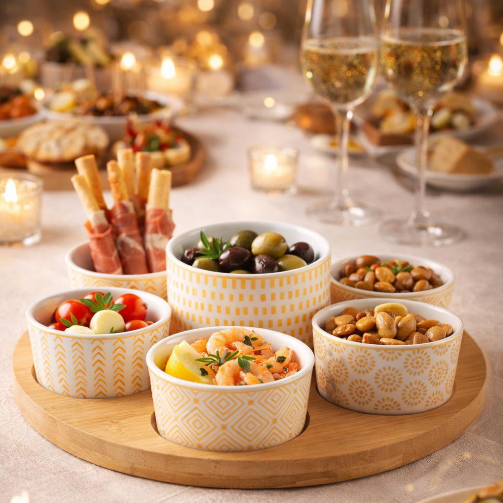 Aperitif-Set, 7 Gläser auf rundem Holztablett – 30 cm