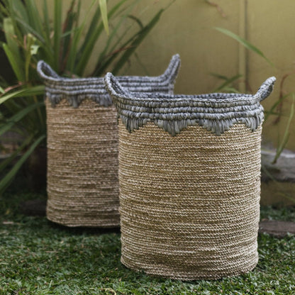 Seegras-Wäschekorb NIAS M – 35 × 40 cm, Beige & Blau