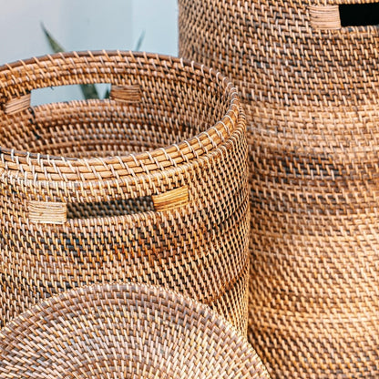 Wäschekorb Rattan mit Deckel Ø 36 cm – rund, braun