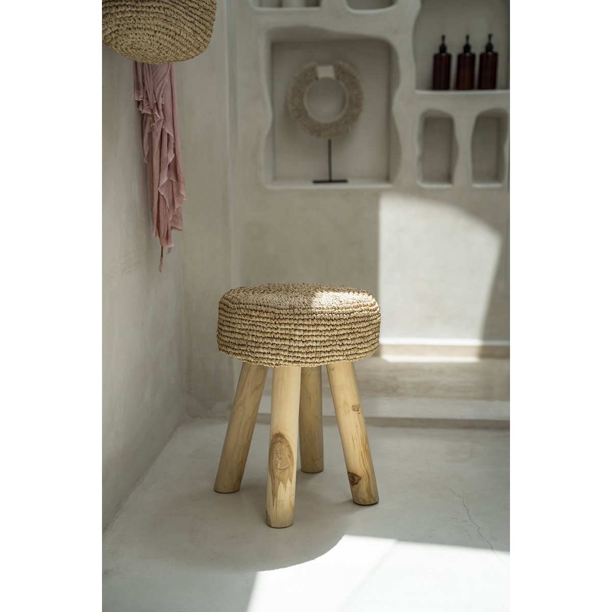 Hocker aus Teakholz und Bast, 35 cm – handgefertigt