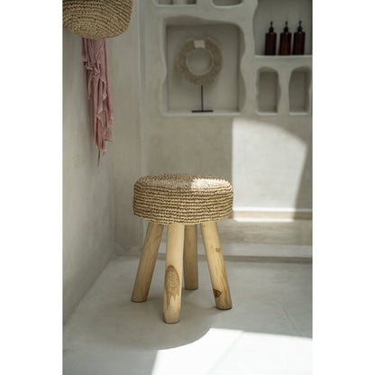 Hocker aus Teakholz und Bast, 35 cm – handgefertigt