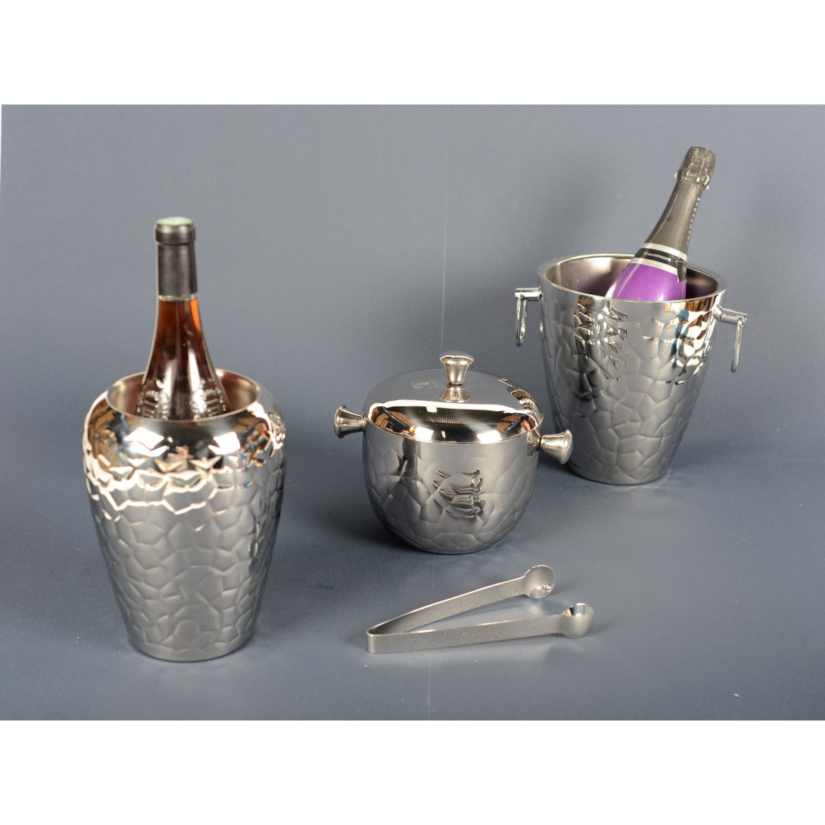 Silver double-wall ice bucket with tongs - 16cm