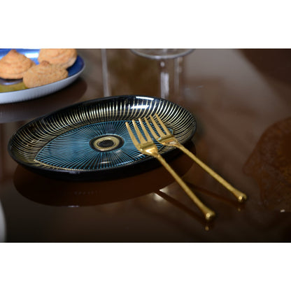 Servierplatte aus Glas, blau-gold, oval – 22×15,5 cm