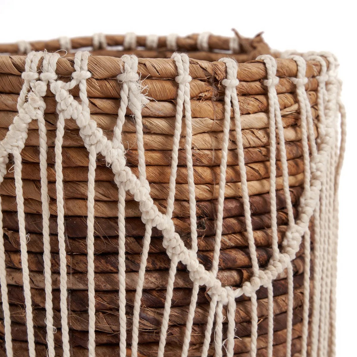 Opbevaringskurv i bomuldsmakramé 20 × 20 cm - naturhvid, cylinder