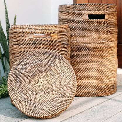 Wäschekorb Rattan mit Deckel Ø 36 cm – rund, braun