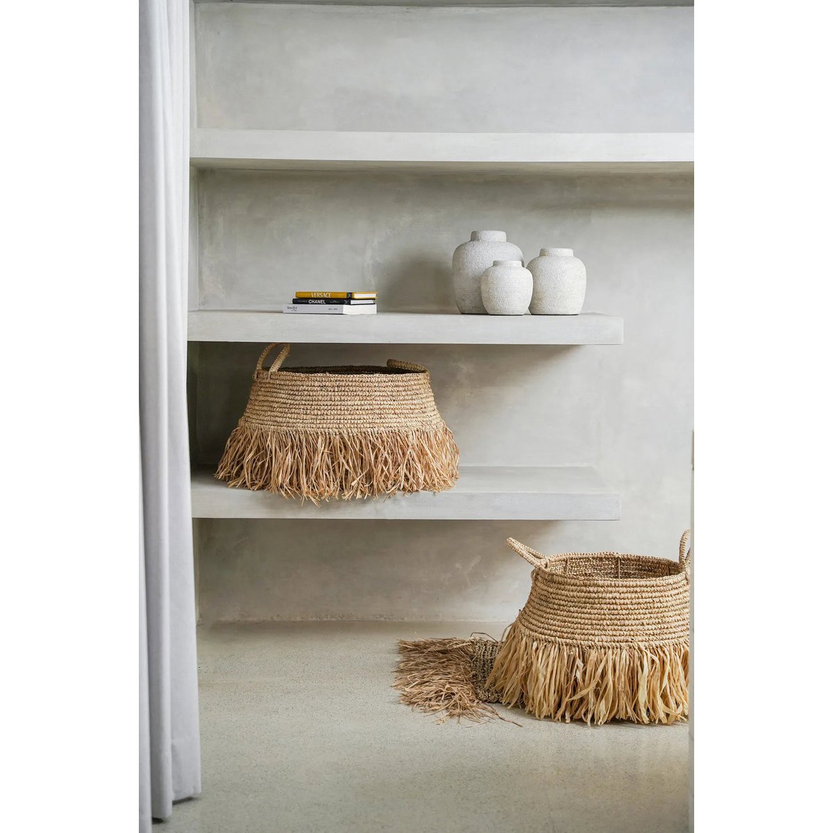 Raffiakurv med frynser - Mellem, beige, 36 cm