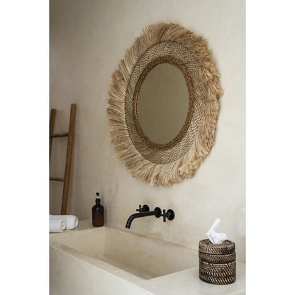 Græsspejl, rundt, 85 cm - ramme i naturfibre