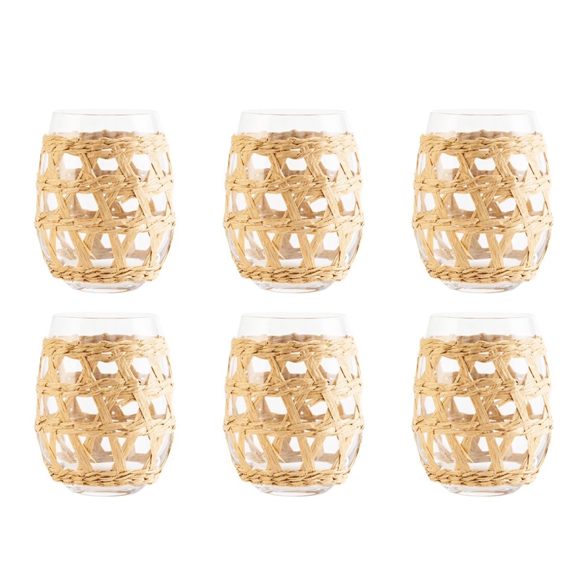 Glass water glasses with rattan 12.5cm - set of 6