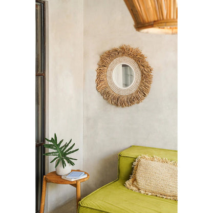 Raffia cowrie wall mirror, 75 cm – beige and brown