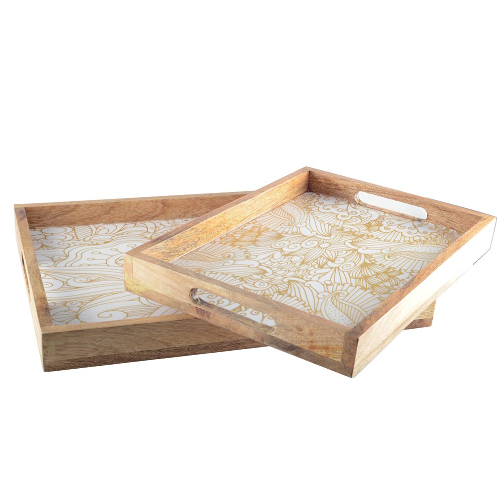 Frühstückstabletts aus Holz, 2er-Set – Weiß & Gelb