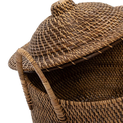 Rattanfletkurv med håndtag og låg - Naturbrun
