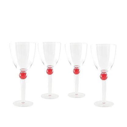 Glass wine glasses with red diamond foot, set of 4
