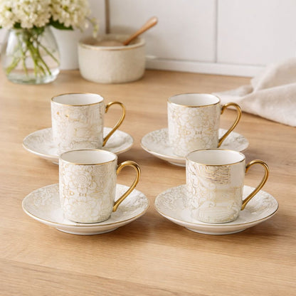 Keramiske kaffekopper med abstrakte underkopper, sæt med 4