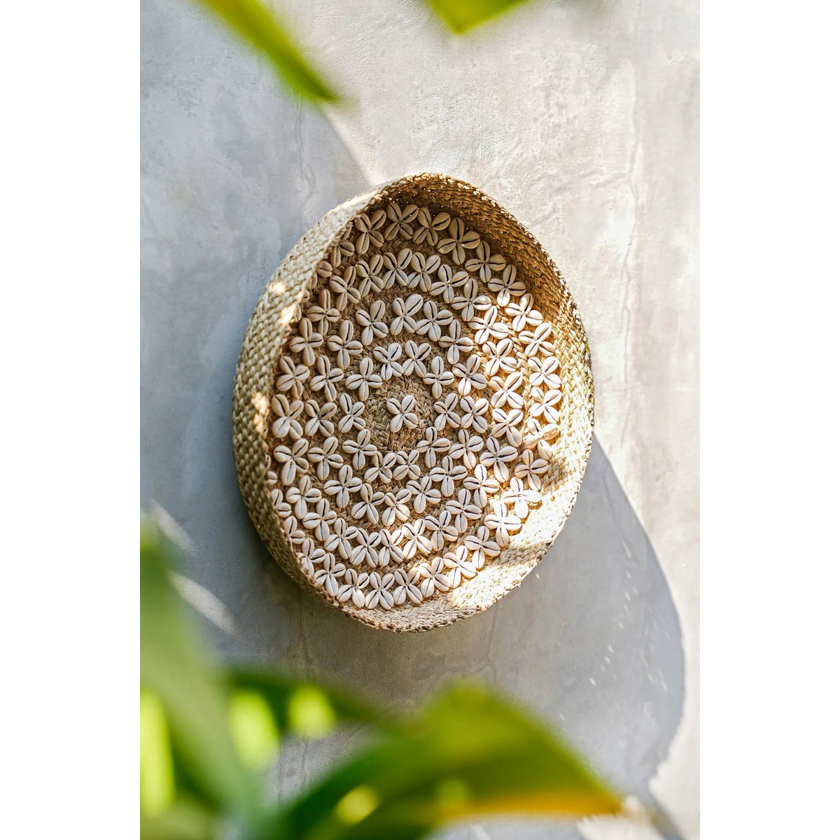 Woven grass wall disc with cowrie shells, natural, 42 cm