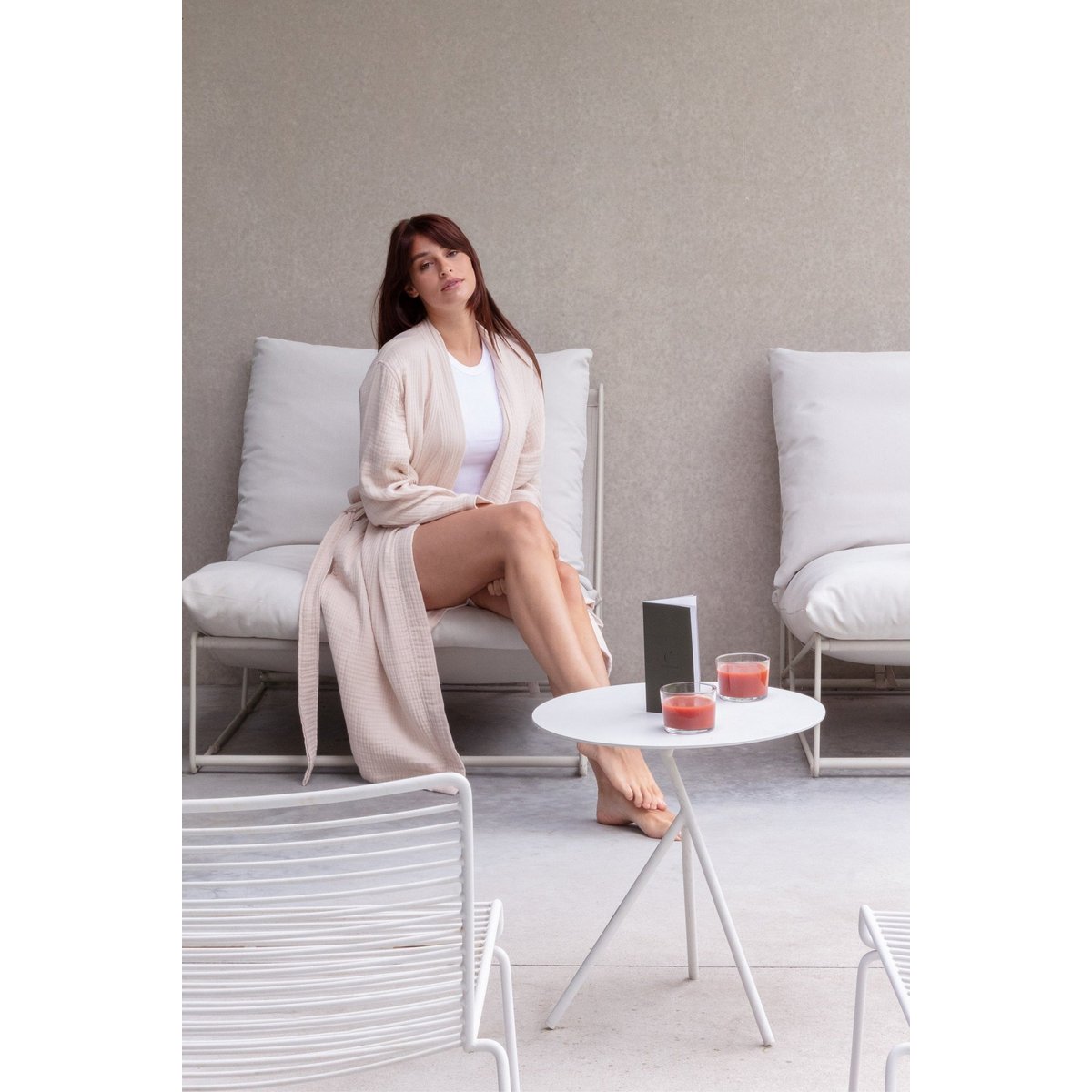 Bademantel aus Baumwoll-Bambus-Musselin in Rose Dust – L