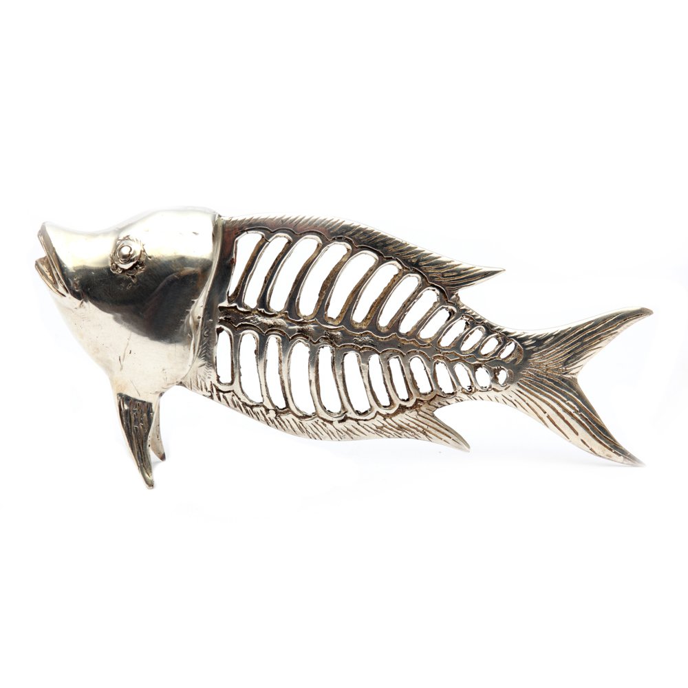 Messing fiskehjerteskelet-skulptur, sølv - 20 cm