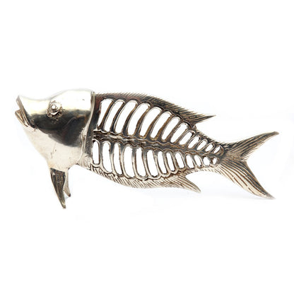 Messing fiskehjerteskelet-skulptur, sølv - 20 cm