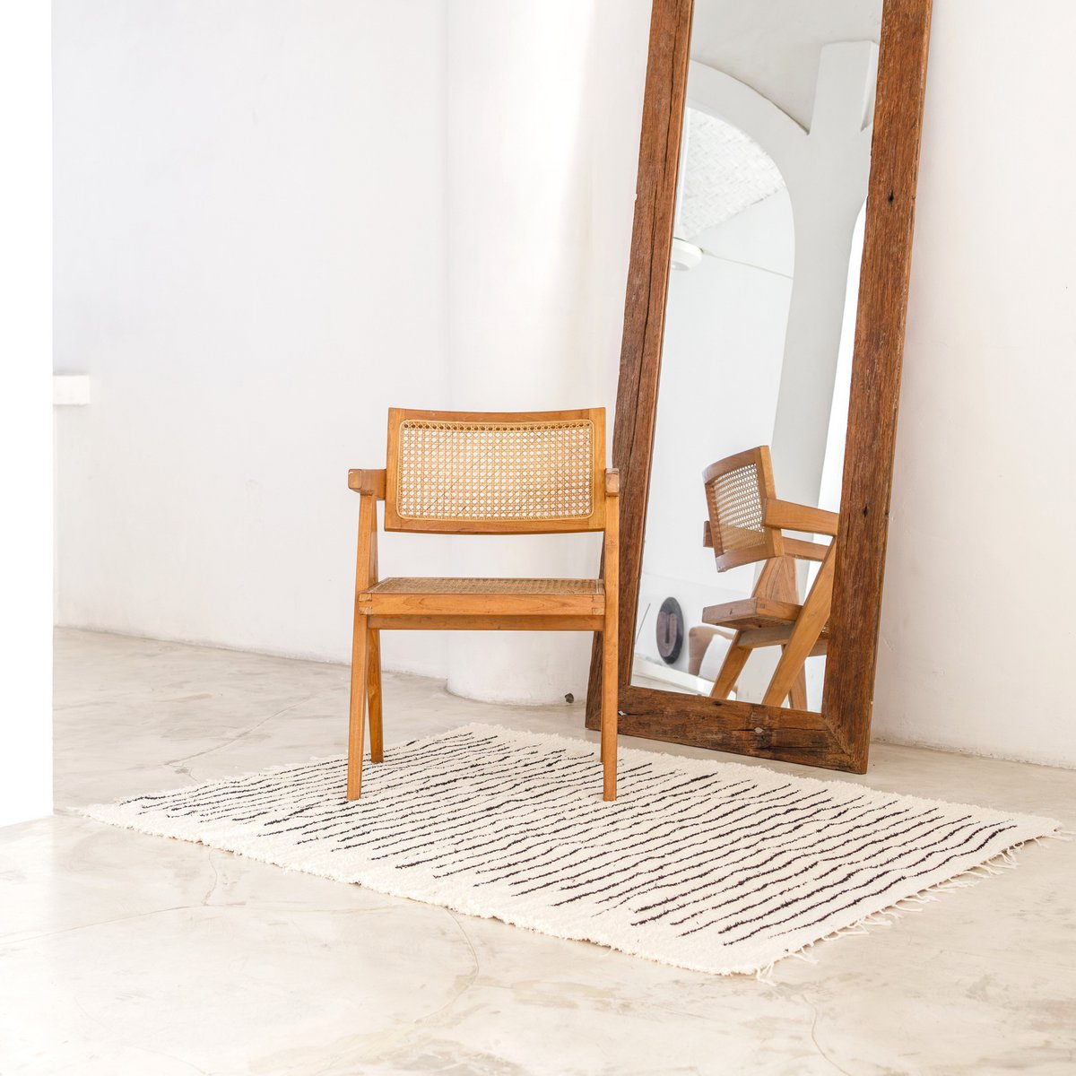 Handwoven cotton rug 157 × 119 cm – black stripe on white