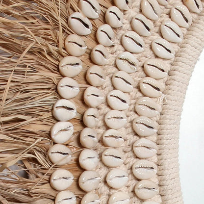 Raffia cowrie wall mirror, 75 cm – beige and brown
