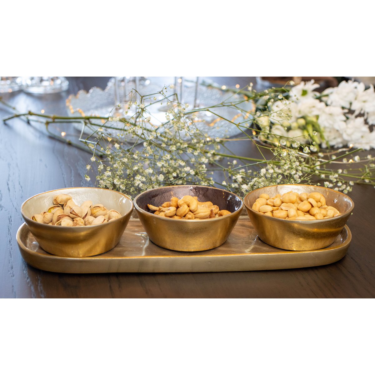 Aluminium-Aperitif-Set, 3 Becher auf ovalem Tablett