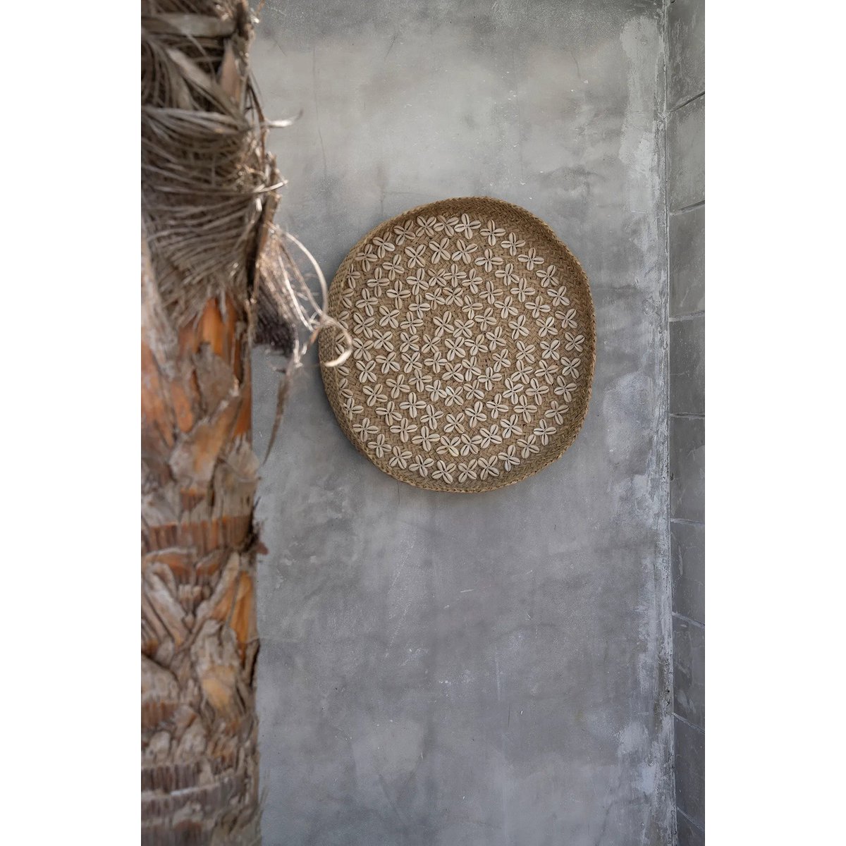 Woven grass wall disc with cowrie shells, natural, 42 cm