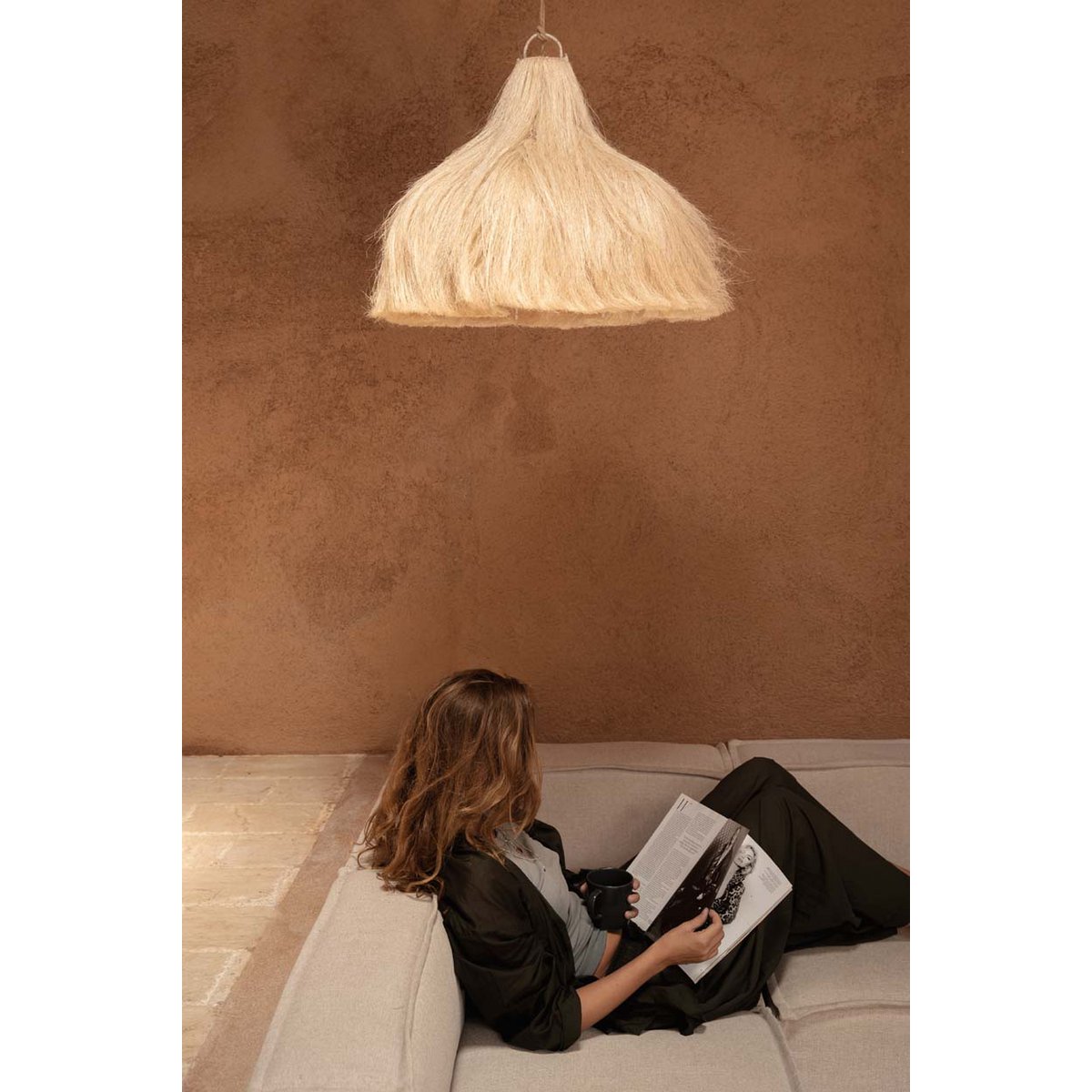 Hängeleuchte aus Hanf 60 cm – ausgefranster Sternenrahmen, beige