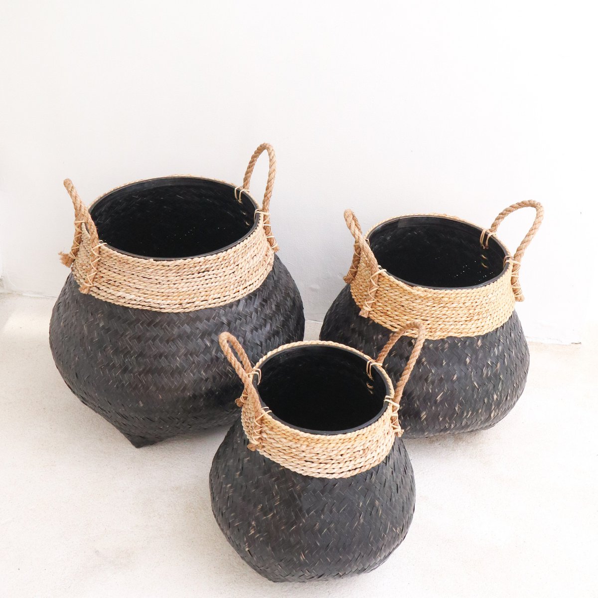 Hand-woven bamboo & jute basket 38 cm - black, S