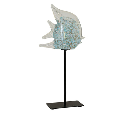 Blue glass fish on metal stand 36cm tall