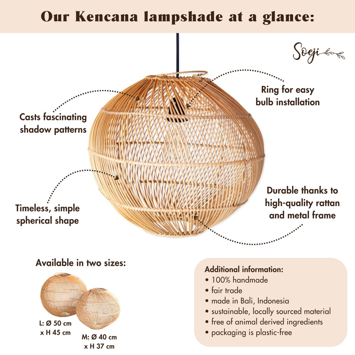 Runder Rattan-Lampenschirm KENCANA 40 cm – hergestellt in Indonesien