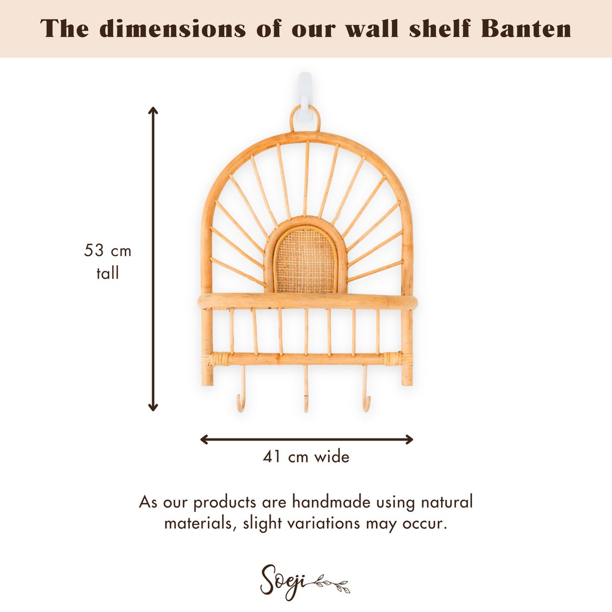 Rattan wall shelf 41×53 cm – handmade in Indonesia