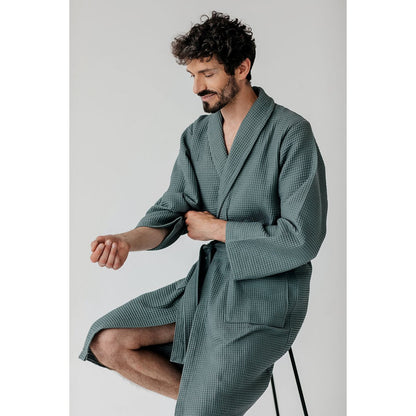 Cotton waffle bathrobe size S - eucalyptus