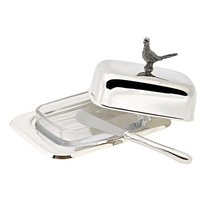 Silberstahl-Butterdose mit Messer, 18 cm – Fasan