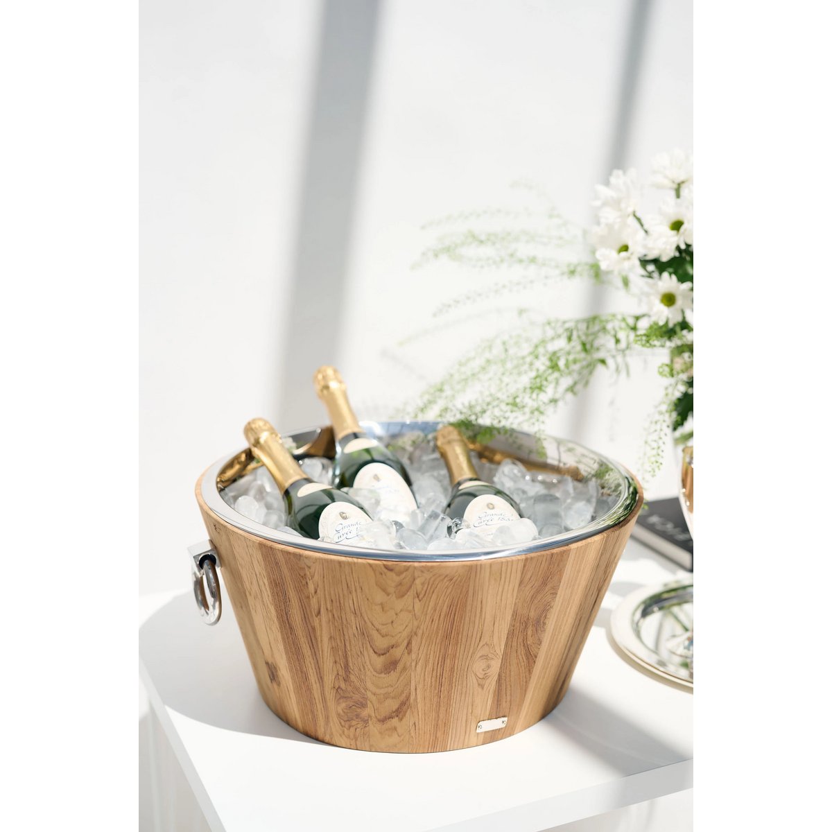 Teak and stainless steel champagne cooler Santiago, 23 cm - polished