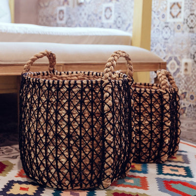 Woven laundry basket Praya M – 32 cm, black & beige