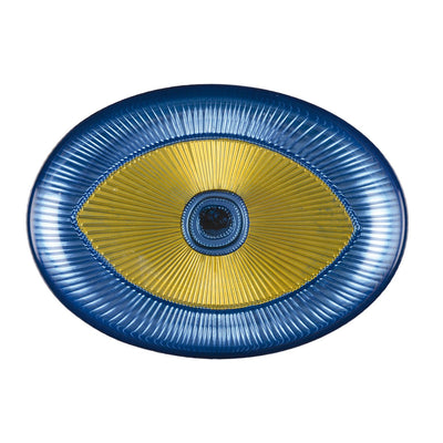 Servierplatte aus Glas, blau-gold, oval – 22×15,5 cm
