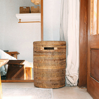 Wäschekorb Rattan mit Deckel Ø 36 cm – rund, braun