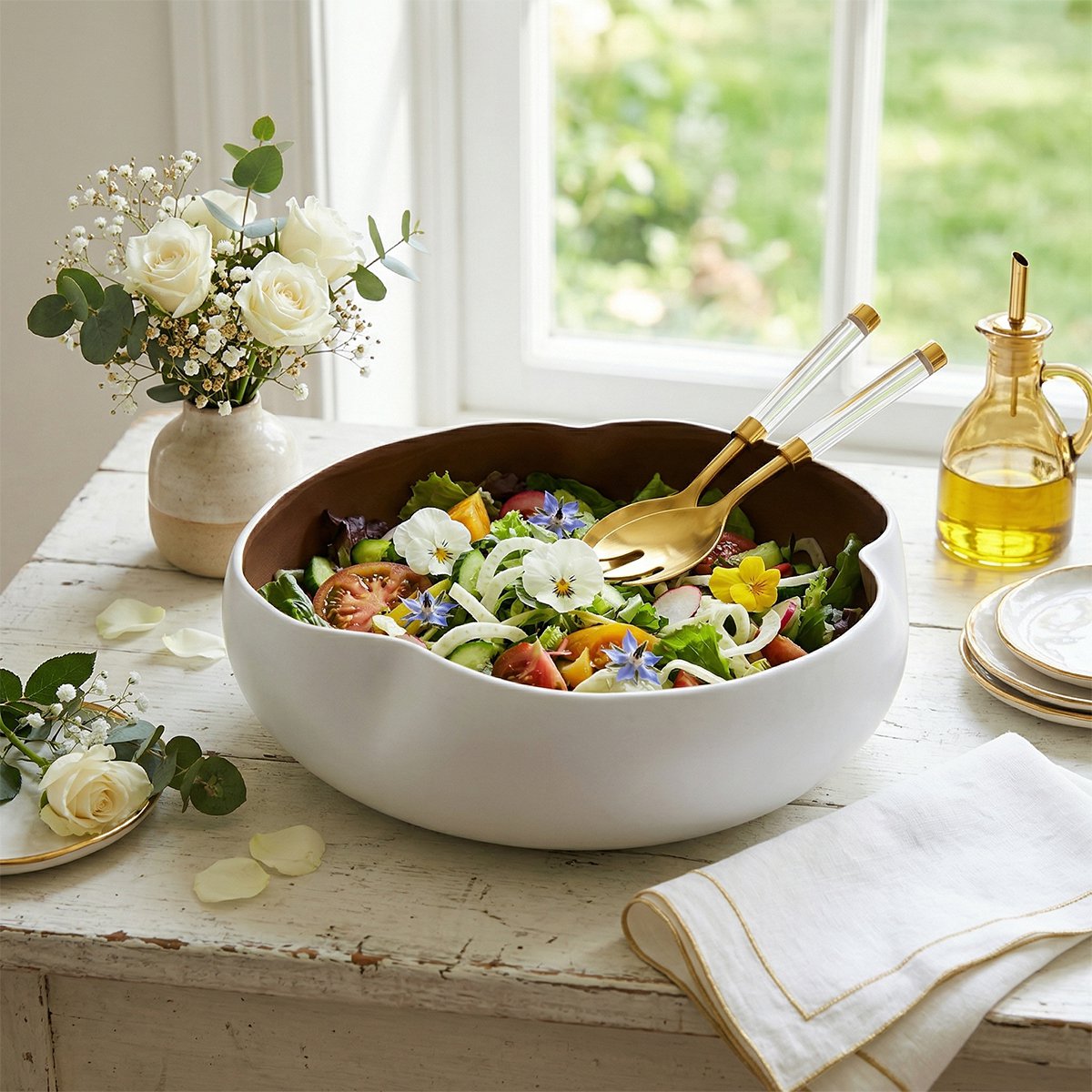 Ceramic serving bowl, white and gold, 34cm