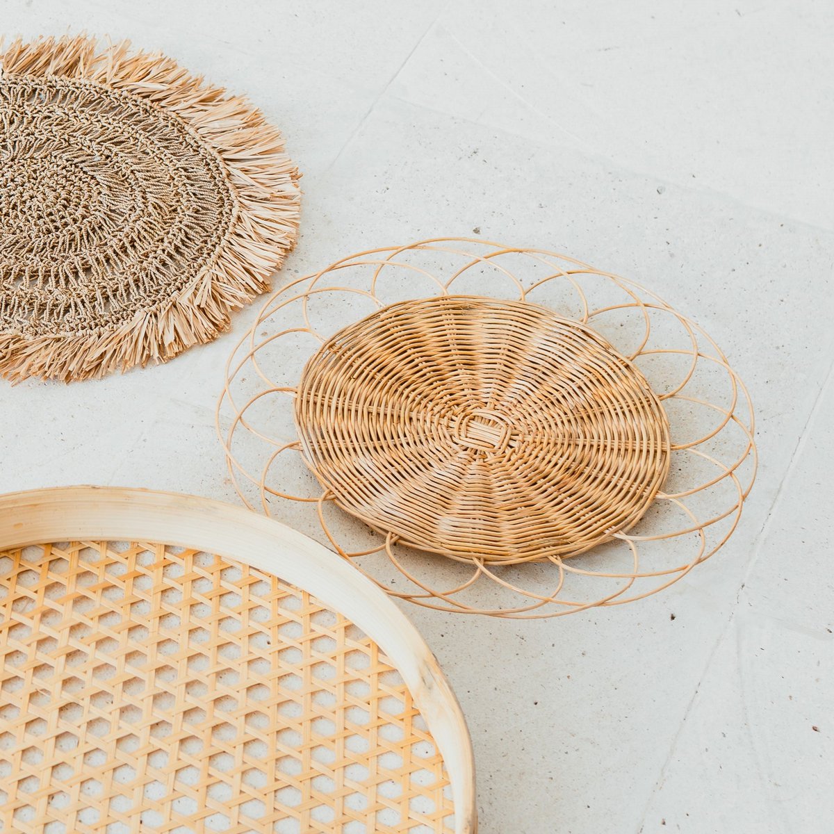 Rattan wall basket set of 5 – Ø 15–45 cm, natural