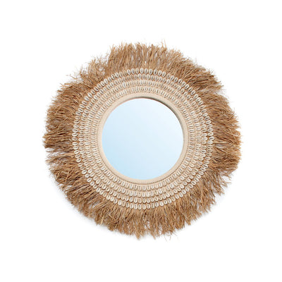 Vægspejl i raffia og cowrieknuslinger, 75 cm – beige og brunt