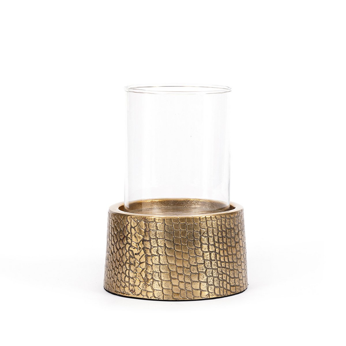 Krokodille lysestage i aluminium med glas, stor – messingfinish
